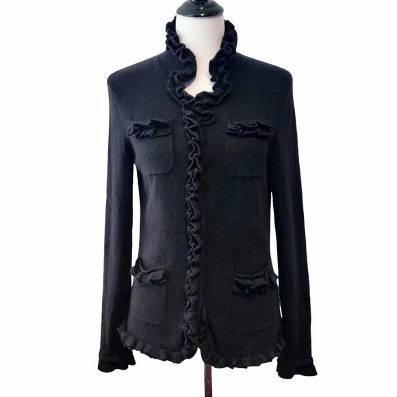 Collection Fifty Nine Womens Black 100% Cashmere Ruffle Trim Snaps Cardigan M - Picture 1 of 9